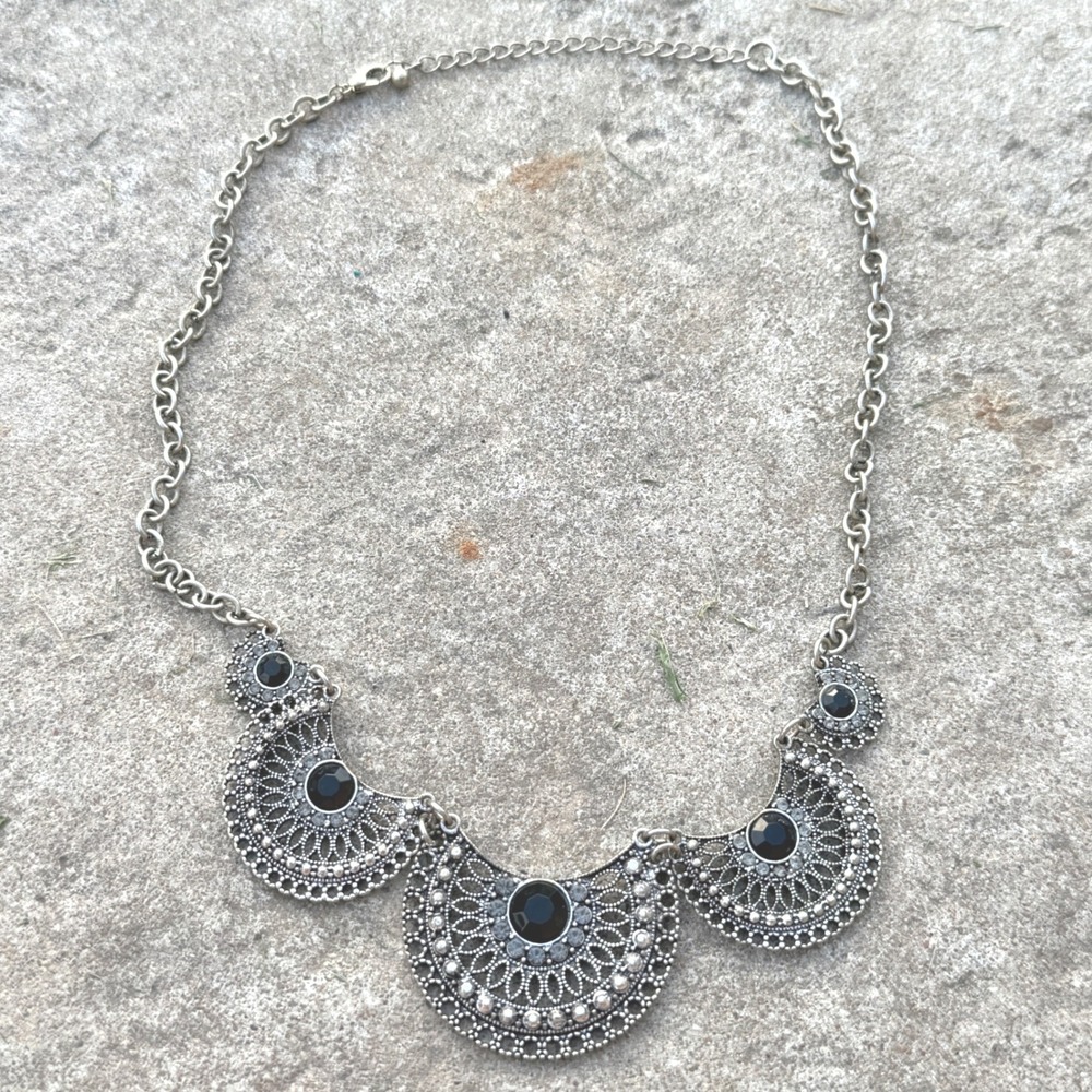 Antiqued Silver Tone Black Rhinestone Filigree Crescent Statement Bib Necklace